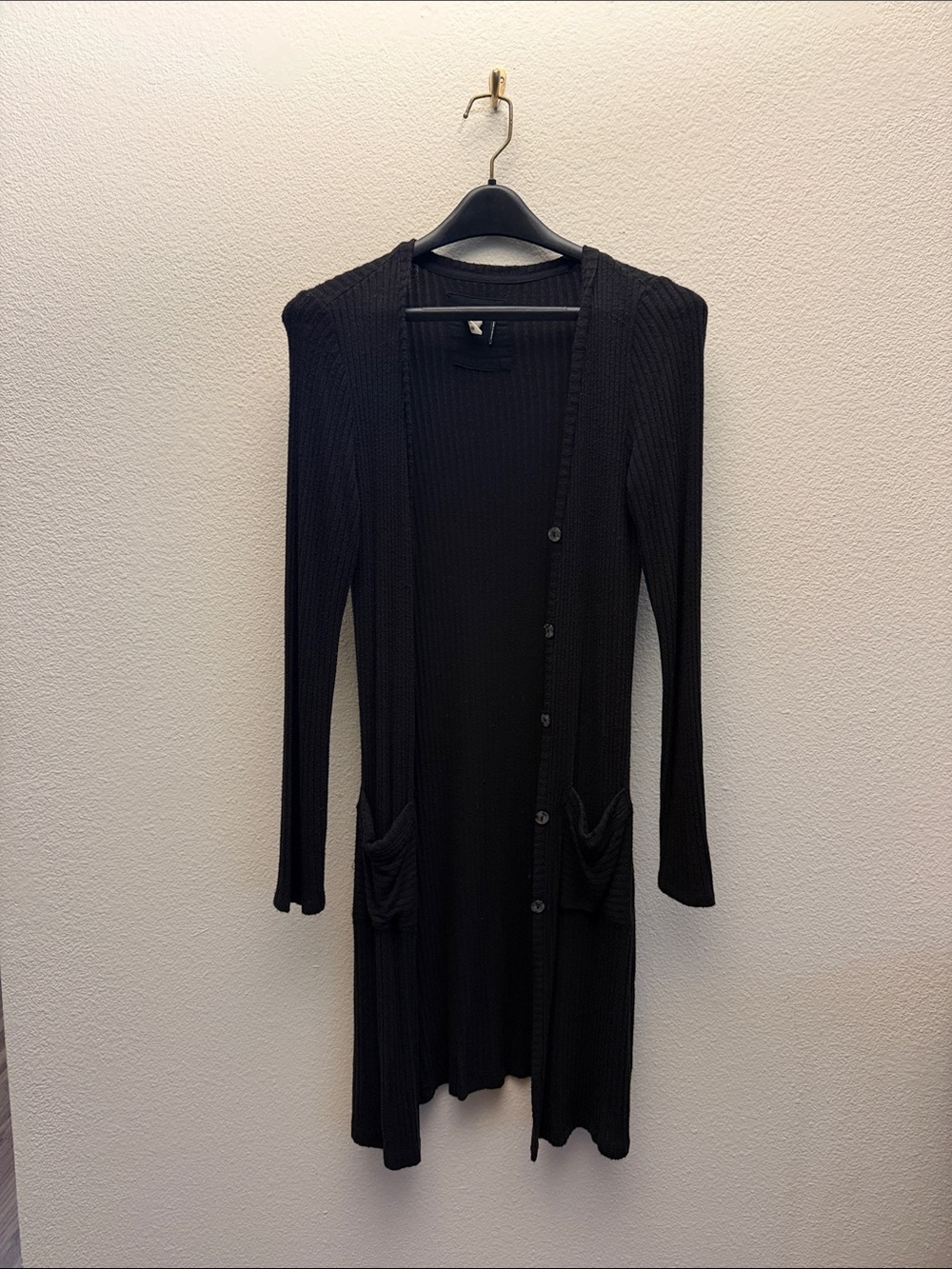 Black Ribbed Long-Sleeve Button Cardigan Dress